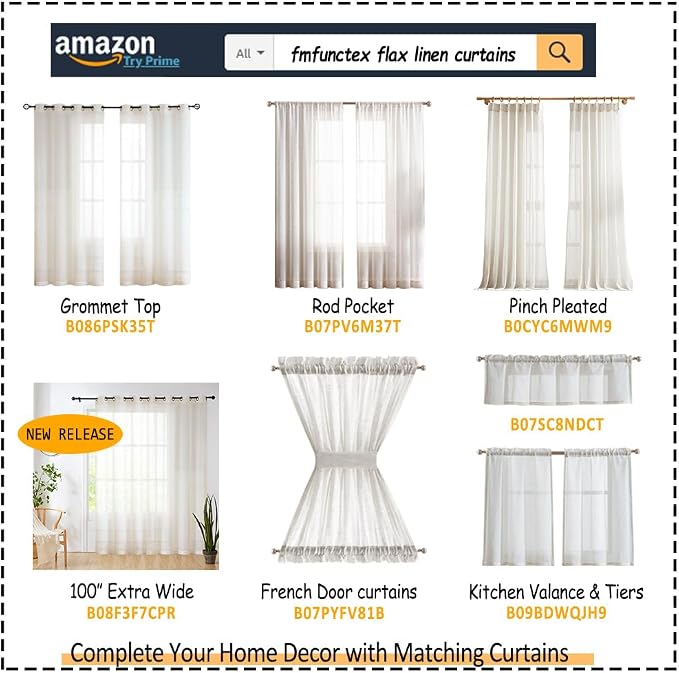 FMFUNCTEX Beige Flax Linen Sheer Curtains 108 Inch Long Rod Pocket 2 Panels | Natural Semi Sheer Window Drapes for Bedroom and Living Room, Farmhouse French Window Curtain Light Filtering Privacy