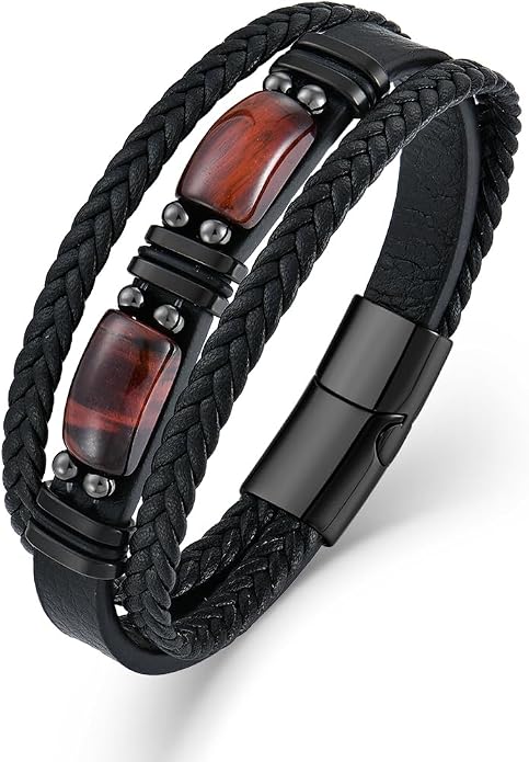 Mens Leather Bracelet Natural Tiger Eye Protection Multilayer Braided Wristband Bangle Gifts for Him
