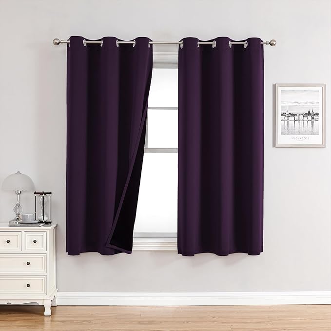 ChrisDowa 100% Blackout Curtains for Bedroom 63 Inches Long 2 Panels Set | 2 Thick Layers, Thermal Insulated, Light Blocking, Grommet, Window Treatment, Living Room Drapes, Royal Purple, 42 x 63 Inch