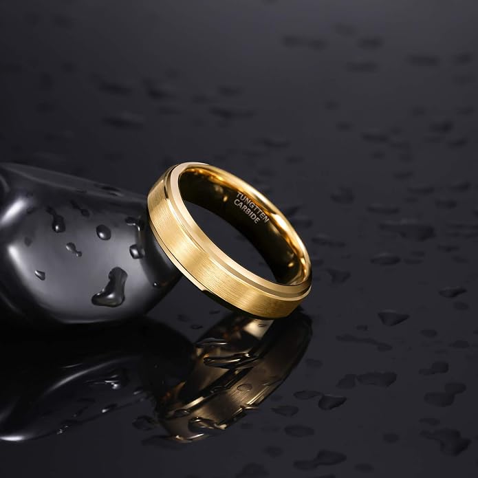 TRUMIUM 6mm 8mm Mens Womens 24K Gold Plated Tungsten Wedding Ring Band Brush Finish Scratch Resistant Size 5-14
