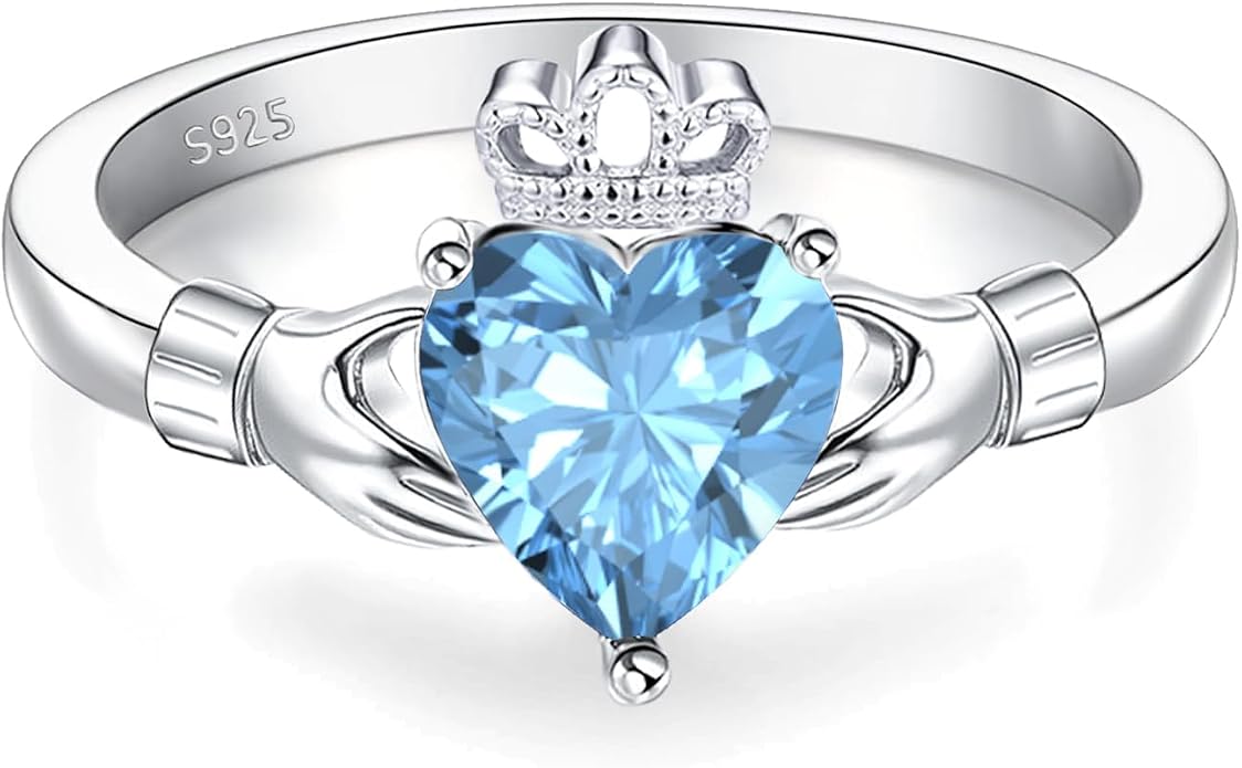 Claddagh Rings for Women 925 Sterling Silver Irish Birthstone Statement Ring Jewelry for Wife