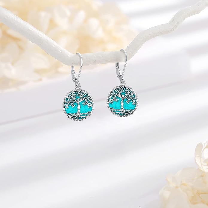 Black Cat/Turtle/Moonstone//Turquoise/Flower/Tree of Life Earrings Sterling Silver Cute Animal Leverback Dangle Earrings Jewelry Gifts