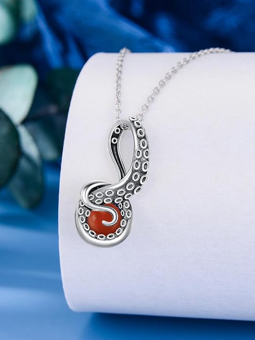 Octopus Tentacles Necklace with Gemston 925 Sterling Silver Octopus Pendant for Women Ocean Jewelry Gift for Women
