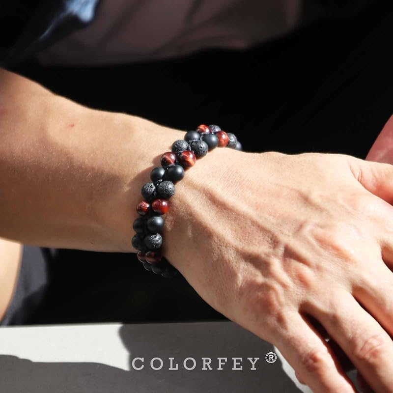 Protection Crystals Tiger Eye Beads Bracelet Natural Healing Red Tiger Eye Black Onyx Lava Stone Bracelet Mens Beaded Bracelets for Peace, Handmade Energy Jewelry for Father Husband Son