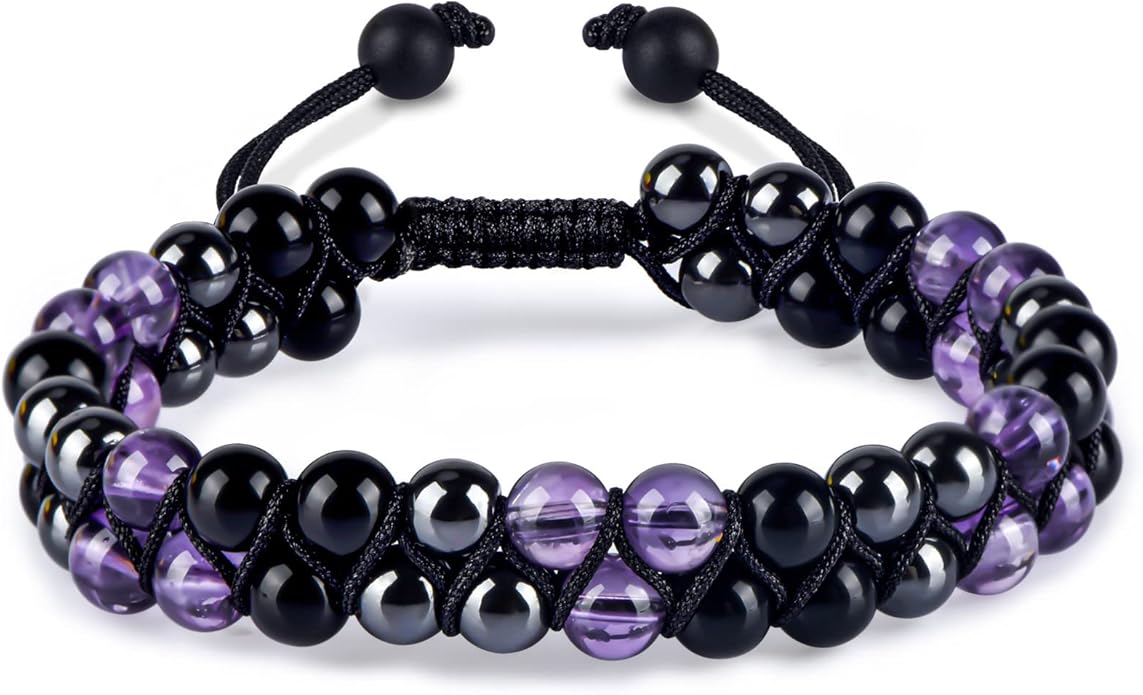 Triple Protection Bracelet for Women, Genuine Healing Crystal Bracelet Amethyst Black Obsidian Hematite 6mm, Pyramid Energy Crystal Beads Bracelets Stone Bracelets for Mom Wife for Protection Balance