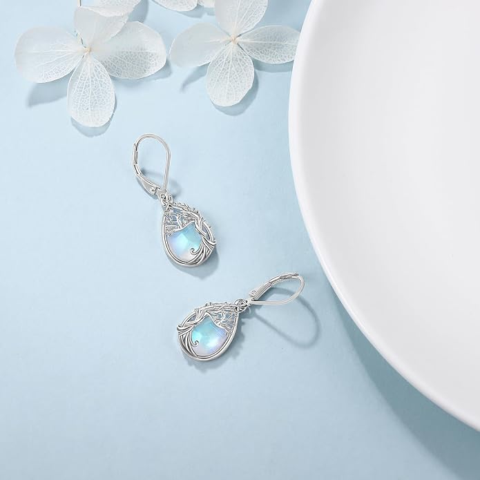 Odinstone 925 Sterling Silver Earrings Tree of Life Teardrop Moonstone Dangle Drop Leverback Earrings for Women