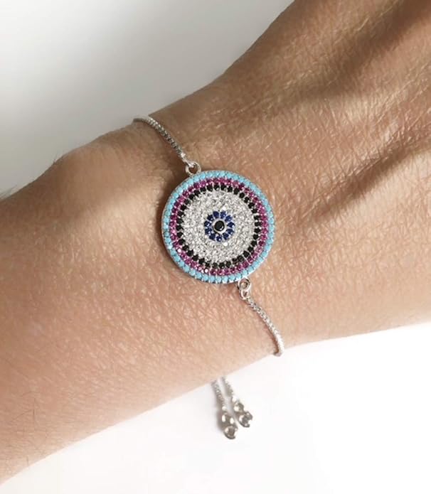 SIFRIMANIA Evil Eye Adjustable Sliding Bead Shiny Bracelet Lucky Charms Jewelry for Women of All Ages