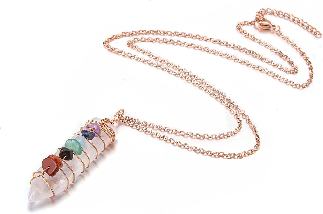 GEHECRST Natural Raw Clear Quartz Point Pendant Necklace Reiki 7 Chakra Healing Crystal Gemstone Chips Rose Gold Copper Wires Wrapped Necklace for Men, Women