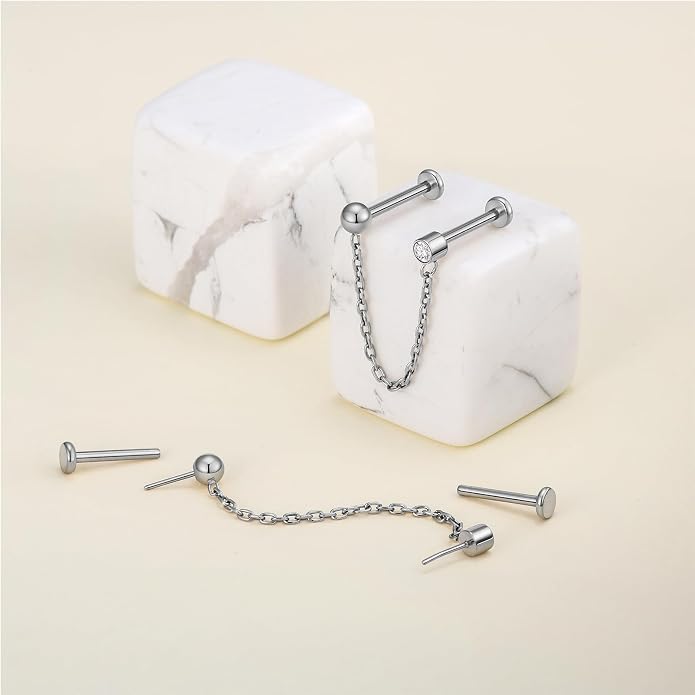 1 Pair ASTM F136 Titanium Double Piercing Dangle Earrings, Cubic Zirconia Dainty Chain Earrings for Helix Conch Earlobe