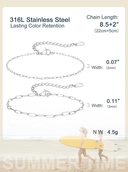 ChainsPro Stainless Steel Waterproof Anklet for Women, Adjustable Non Tarnish Layered Anklets, Trendy Dainty Cuban Link Ankle Bracelet Beach Jewelry Gifts for Swimming & Daily Wear (8.5+2 inches)