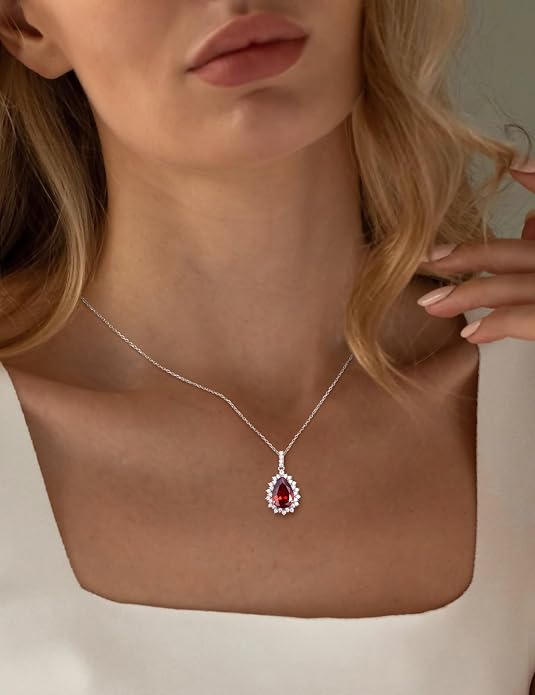 925 Sterling Silver Teardrop Necklace for Women Huge Created Gemstone Solitaire Halo Pendant Pear Cut Birthstone Necklace