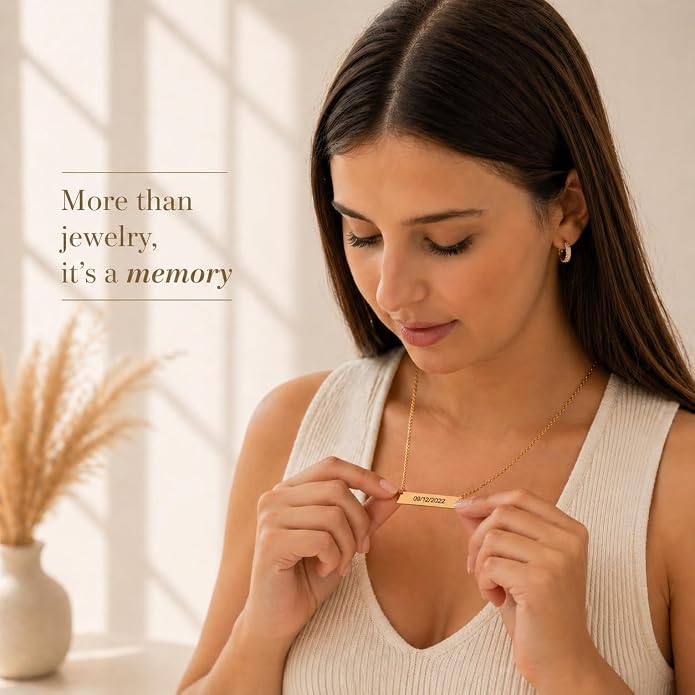Personalized bar necklace for women, custom engraved stainless steel name plate necklace gift gold, silver and rose gold for mothers day, coordinates, dates, roman numeral, friendship, christmas