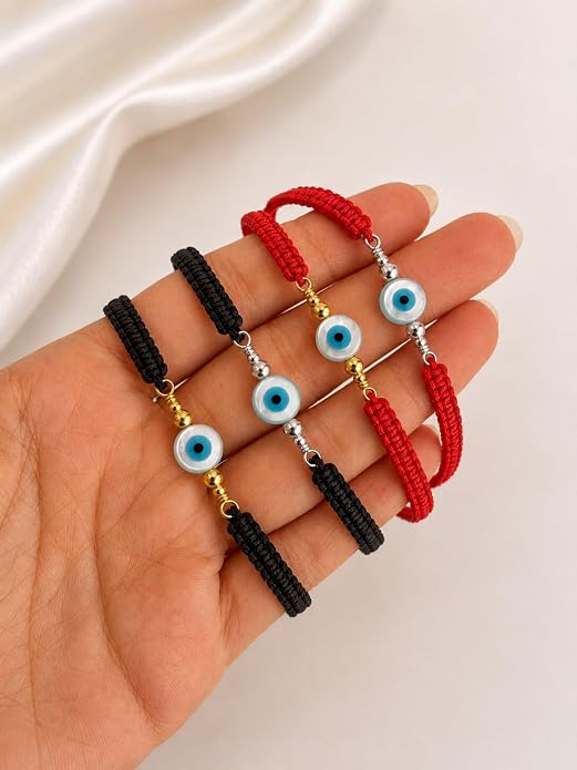 Evil Eye Bracelet for Men Women, Sterling Silver Protection Bracelet, Adjustable Black or Red Woven Cord Bracelet, Good Luck Jewelry Gift