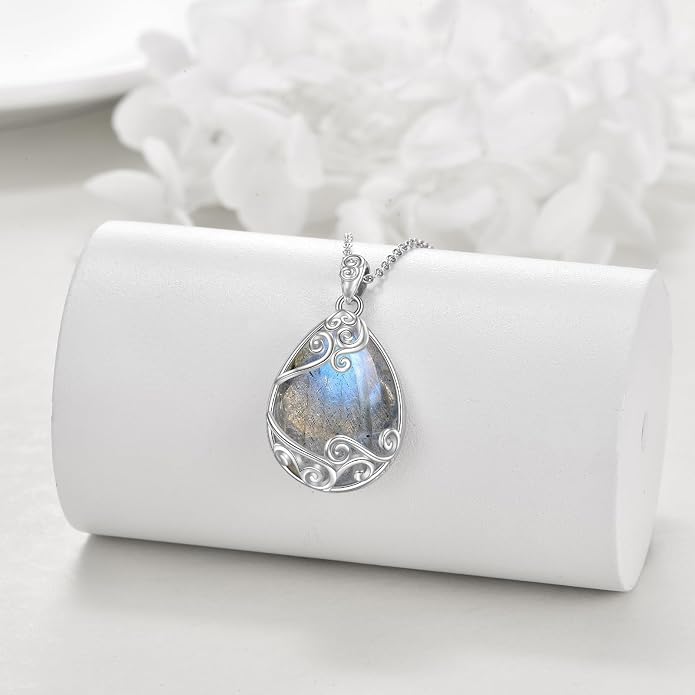 YAFEINI 925 Sterling Silver Moonstone Necklace Filigree Teardrop Pendant Necklace Jewelry for Women Girls