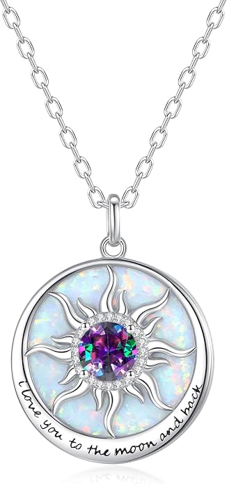 FANCIME Sunflower Necklace with Engraved Messgae 925 Sterling Silver Opal Gemstone Pendant Fine Jewelry Anniversary Birthday Gifts for Women Mom Wife Her, Chain Length 16+2 Inch