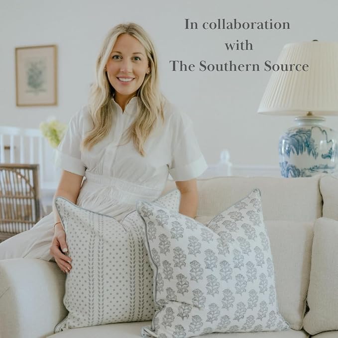 CPC 100% Cotton Throw Pillow Covers 24x24 Inch, Set of 2 Block Print Pattern Couch Pillow with Hidden Zipper, in Collabaration with Southern Source- Misty Grey Trelis
