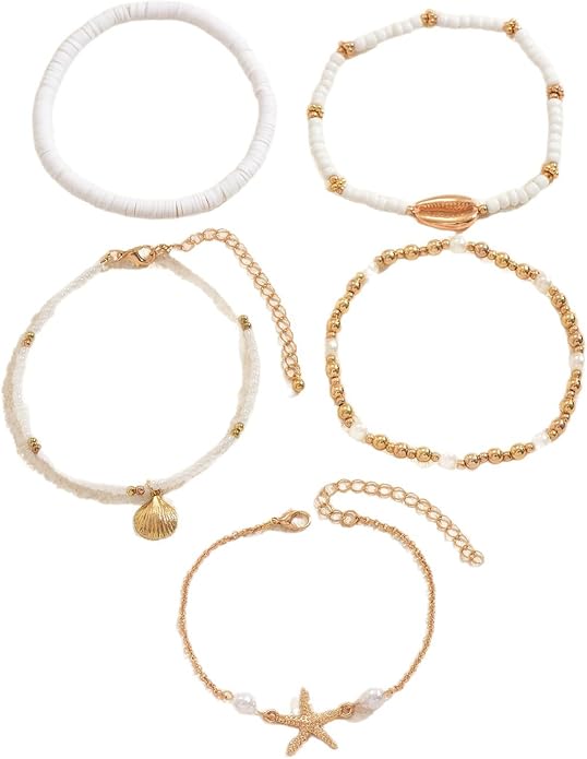 5PCS Boho Ankle Bracelets for Women Adjustable Bead Anklet Seashell Starfish Conch Ankle Bracelet Layered Colorful Beaded Anklet Bracelets Set Hawaiian Summer Beach Foot Jewelry