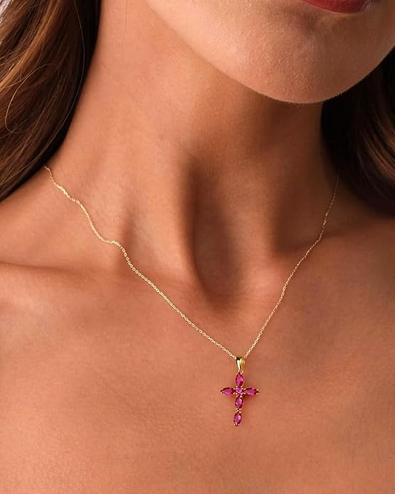 14K Gold Plated 925 Sterling Silver Birthstone Cross Necklace for Women Men