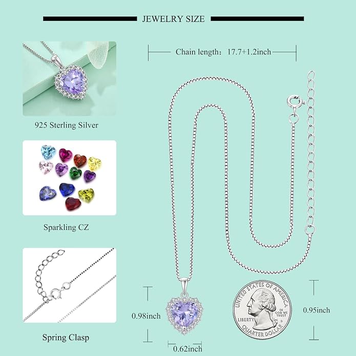 STARCHENIE 925 Sterling Silver Heart Birthstone Pendant Necklace for Women | Genuine 925 silver pendant, heart birthstone, love heart design, 925 silver 18+2" adjustable chain