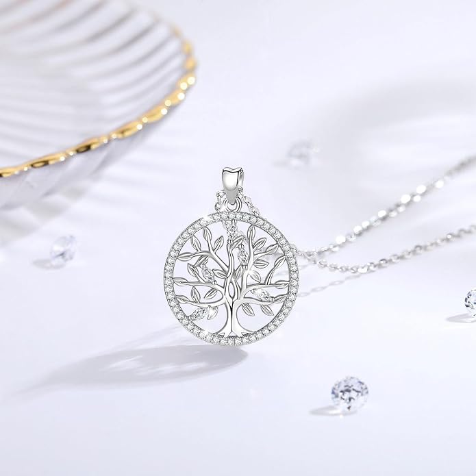 AEONSLOVE Tree of Life Necklace 925 Sterling Silver, Family Tree of Life Pendants Jewelry Gifts for Women Wife Mother, 18 Inch Chain