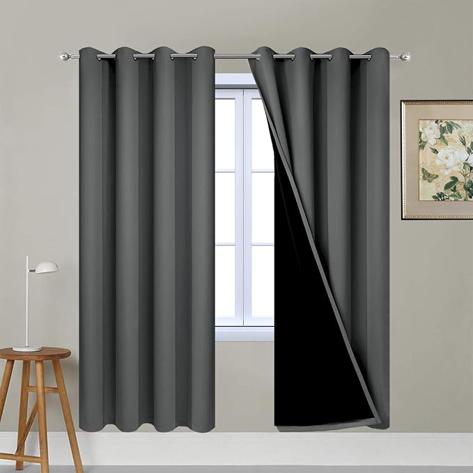 Yakamok Dark Grey 100% Blackout Curtains 63 Inches Long 52" Wide 2 Panels | Blackout Curtain Panels for Bedroom, 2 Thick Layers Grommet Top Thermal Insulated Drapes with Black Liner for Living Room