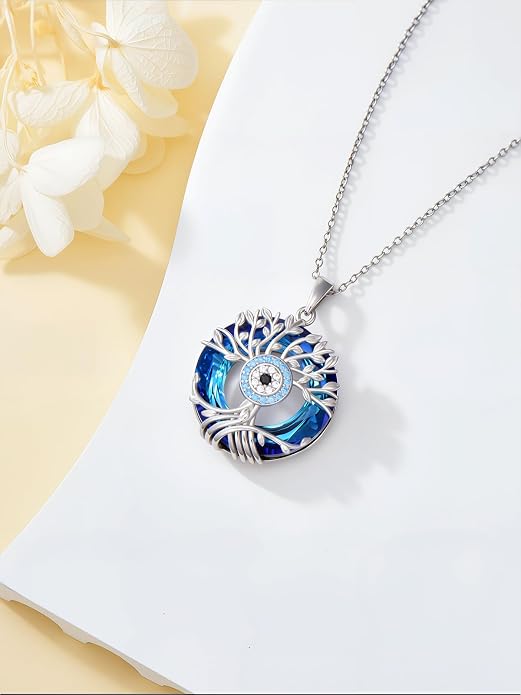 TOUPOP Evil Eye Necklace 925 Sterling Silver Tree of Life/Turquoise Evil Eye Crystal Pendant Necklace Protection Jewelry Amulet Christmas Gifts for Women Her