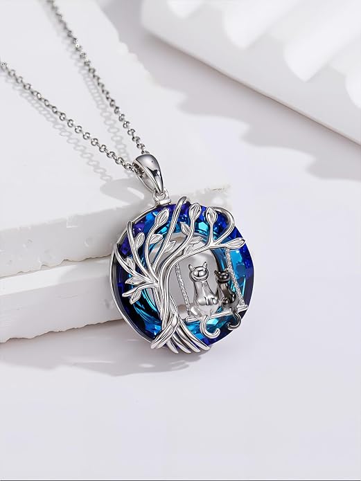 TOUPOP Cat Necklace Gifts for Women Sterling Silver Celtic Mounatin Moon Pendant with Blue Crystal Birthday Christmas Jewelry Gifts for Women