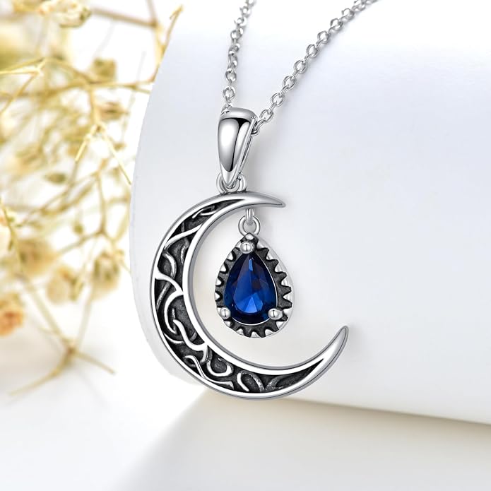 VONALA Crescent Moon Necklace Sterling Silver Emerald/Red/Purple/Black/Rainbow Topaz/Green/Aquamarine/Blue/Moss Agate Celtic Moon Teardrop Necklace Celtic Jewelry Gifts for Women Birthday