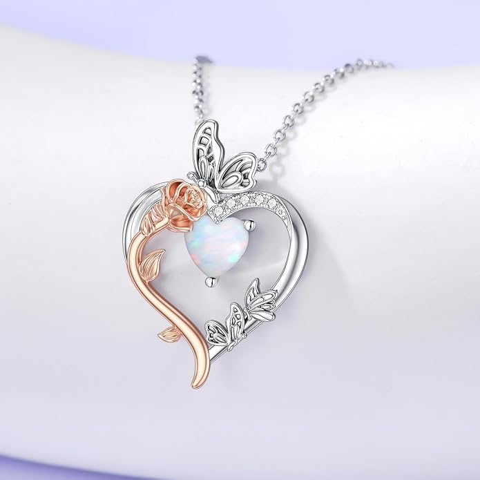 TOUPOP Rose Heart Birthstone Necklace 925 Sterling Silver Heart Butterfly Pendant Love Jewelry Birthday Gifts for Women Wife Mom Her
