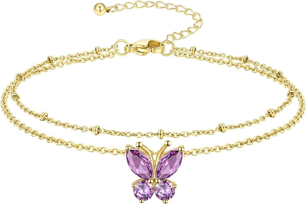 Richsteel Double Layer Heart/Butterfly Birthstone Anklet for Women Non Tarnish Waterproof, Silver/Gold/Black Stainless Steel 8.5-10.5 Inch Adjustable Chain Anklets Jewelry Gifts for Her
