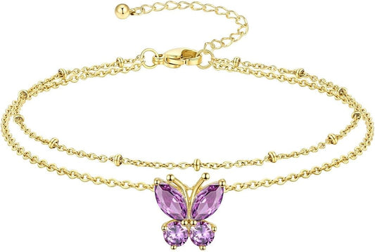 Richsteel Double Layer Heart/Butterfly Birthstone Anklet for Women Non Tarnish Waterproof, Silver/Gold/Black Stainless Steel 8.5-10.5 Inch Adjustable Chain Anklets Jewelry Gifts for Her