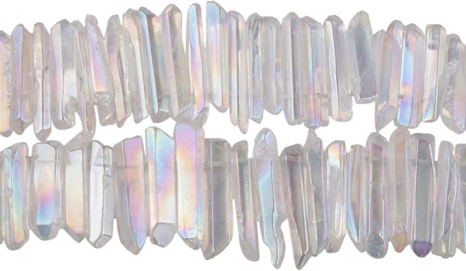 TUMBEELLUWA Rock Quartz Crystal Points Loose Beads for Jewelry Making, Titanium Coated Polished/Raw Quartz Beads 15 Inches Top Drilled,Angel Aura Crystal Points(0.5"-1.6")