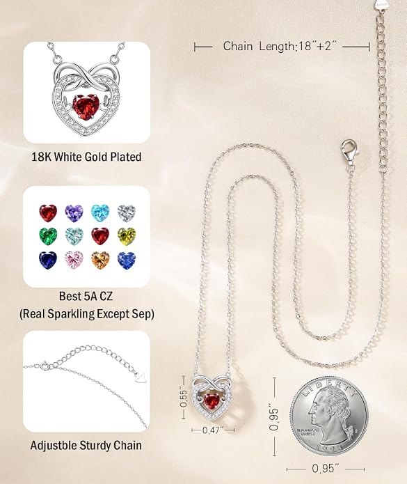 Trendy Dainty Infinity Birthstone Necklace, Dancing Heart 18K White Gold Plated 925 Sterling Silver Heart Necklace, Romantic Love Jewelry Graduation Gifts for Women Her