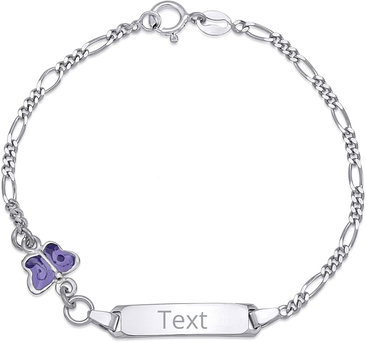 UNICORNJ 925 Italy Sterling Silver Child or Baby Name Bracelet Girls Boys, Personalized Engraved Kids ID Bracelets, 6.5" Figaro Chain, Enamel Charm Newborn Infant Toddler Kid Jewelry