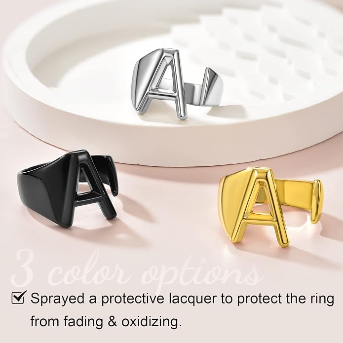 KeyStyle Bold Initial Letter Rings Adjustable, GoldChic Jewelry Women Gold Statement Ring Personalized Engraved Women’s Open Signet Ring for Party (Gold, White Gold, Black)