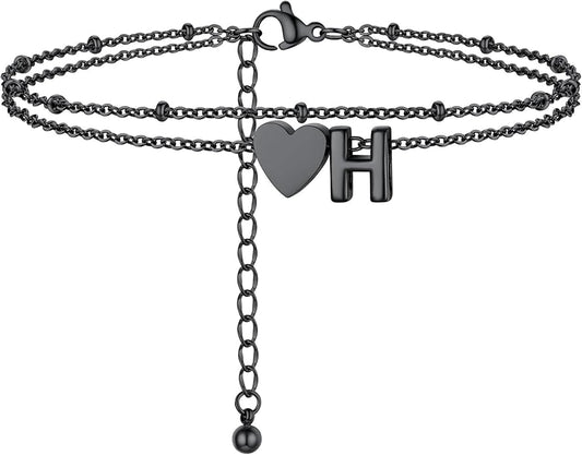 Initial Ankle Bracelets for Women, Dainty Stainless Steel Letter A-Z Layered Anklets, Heart Ankle Bracelet 8.5"-10.5" Adjustable, Summer Beach Jewelry, Come with Box