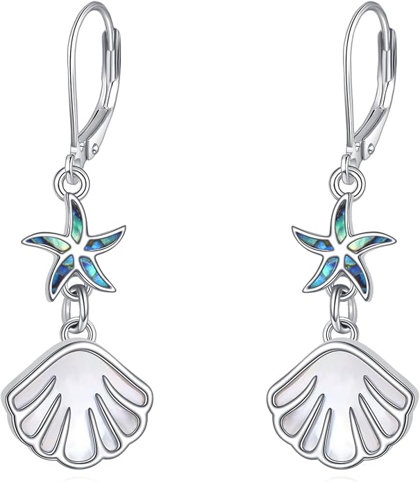 Starfish Shell Dangle Earrings 925 Sterling Silver Abalone Beach Lever-back Drop Earrings For Women Ocean Jewelry Gifts