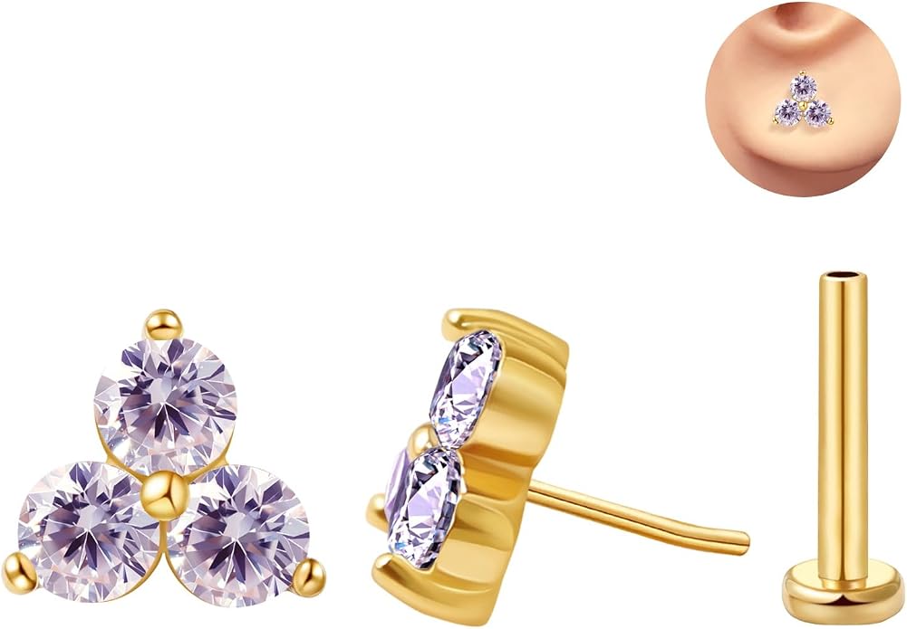 FANSING Cartilage Earring Tragus Stud Trio CZ Stone Flat Back Earring for Helix Conch Threadless Push Pin Labret Stud