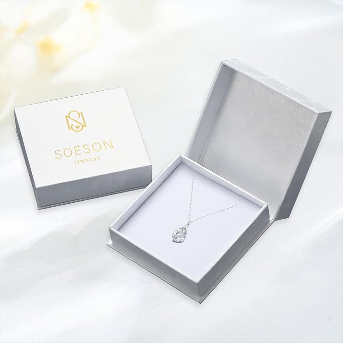 925 Sterling Silver Birth Flower Necklace with Teardrop Shaped Birthstone - 12 Colors, 12 Kinds of Flower - Ideal Birthday Jewelry Gift for Women, Mothers, Daughters & Wives