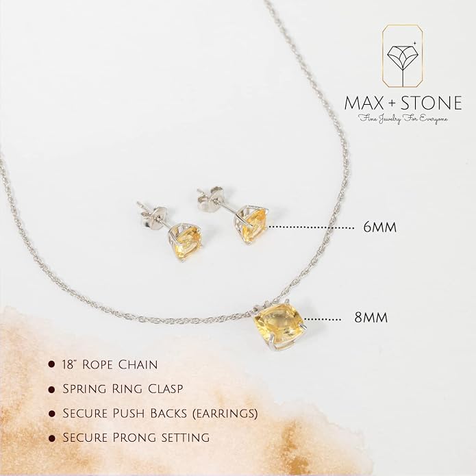 MAX + STONE 14k Gold Plated or Sterling Silver Cushion Cut Gemstone Stud Earrings and Pendant Necklace for Women with 6mm and 8mm Birthstones 18 Inch Chain and Push Backs Jewelry Set