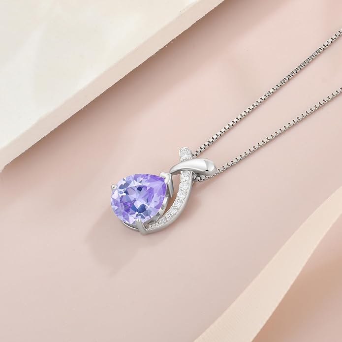 Teardrop Birthstone Necklace for Women,925 Sterling Silver Pear Cut Zircon Gemstone Pendant Necklace for Birthday Engagement Anniversary Wedding Jewelry