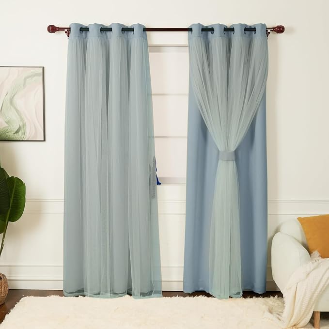 INLINAS 52 x 84 Inch Blackout Curtains with Sheer Overlay - Grommets Thermal and Noise Reduction Panels for Bedroom and Living Room Light Blocking and Energy Saving, Sky Blue, Set of 2