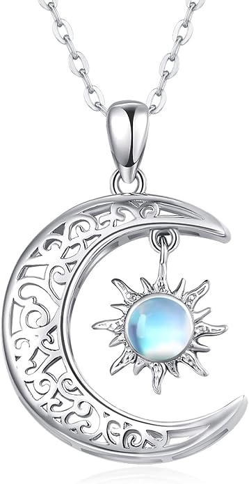 TRISHULA Moon Star Necklace, 925 Sterling Silver Crescent Moon Sun Pendant with Moonstone Crescent Jewelry Gift for Her Sister Birthday Christmas