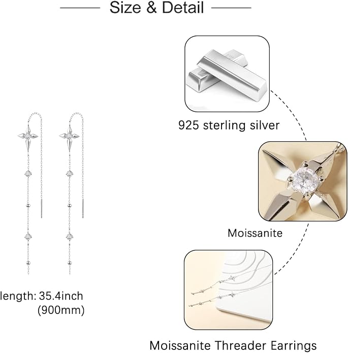 Moissanite Threader Earrings for Women - 925 Sterling Silver 0.6CT 3.0mm Moissanite Dangle Drop Earrings Long Chain Earrings Jewelry Gifts