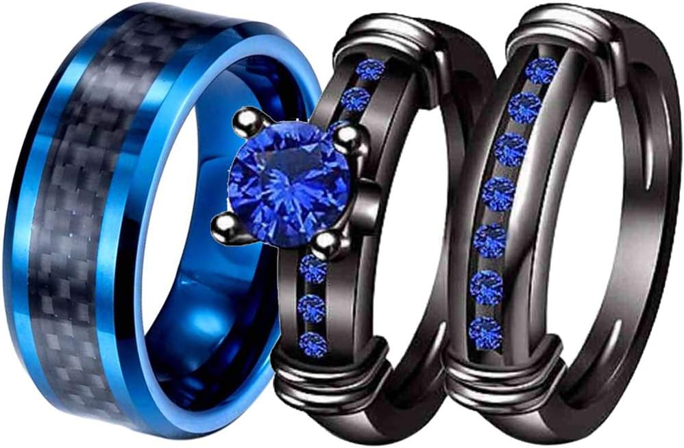 3pcs Matching Rings His and Hers Ring Couple Rings Pruple Cz Womens Wedding Ring Sets Wedding Bands