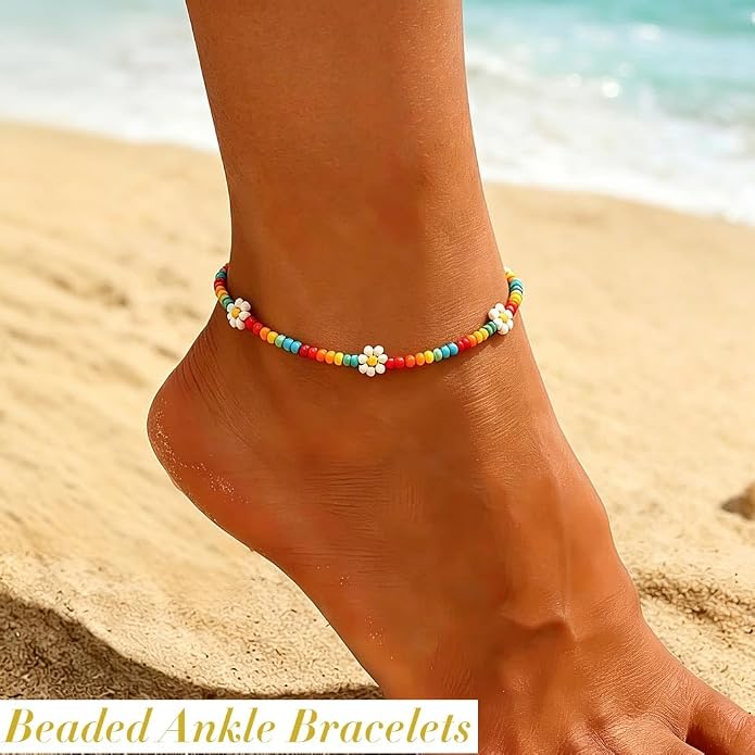Beaded Chain Ankle Bracelets for Women Waterproof Sunflower Anklets Beachy Vacation Foot Jewelry Gifts