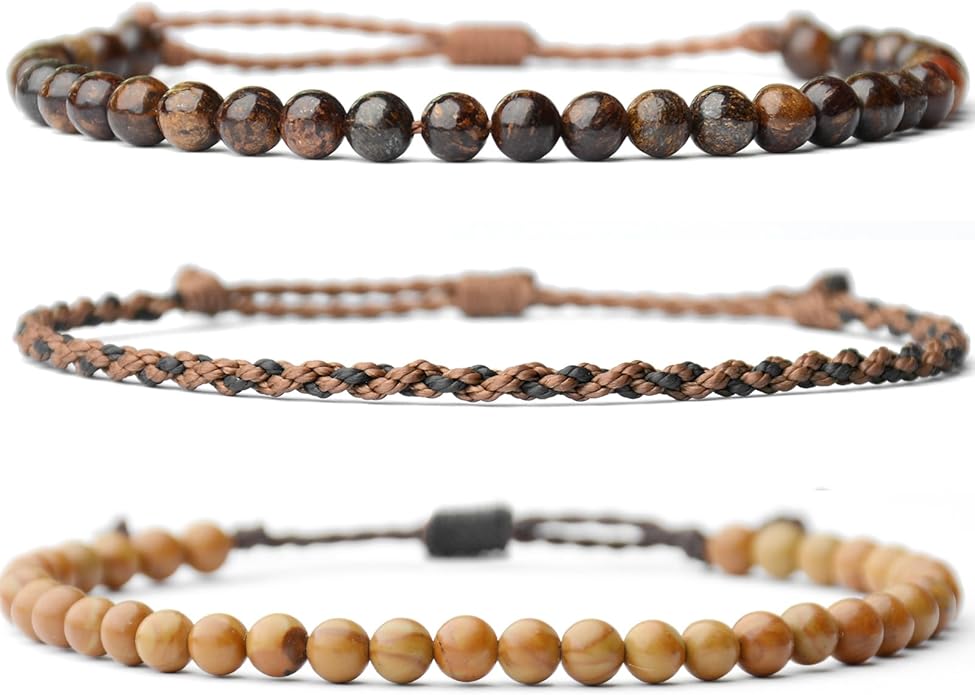 Mezcla Vida 3 Pcs Handmade Natural Gemstone Beaded Bracelet, Adjustable Waterproof Rope Bracelet Set, Valentines Day Birthday Gifts for Boyfriend Husband Him