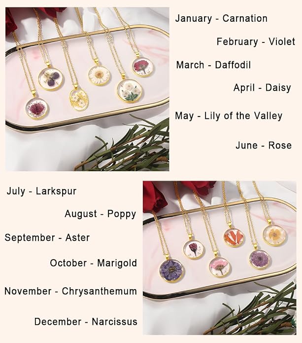 AUNTESIGN Forget-Me-Not and Queen Anne's Lace Pressed Wildflower Necklace | Birth Month Flowers Necklace | Gold/Silver Pressed Flower Jewelry | Mother's Day | Gift For Her