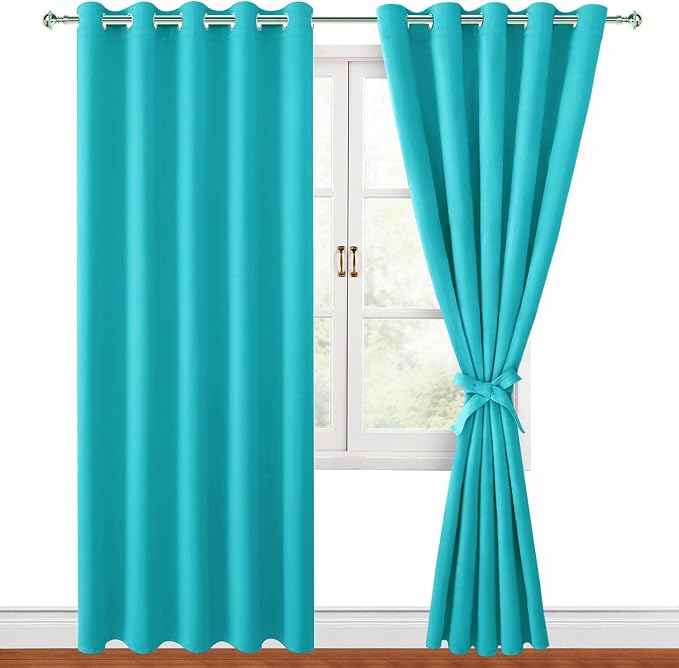 Hiasan Blackout Curtains for Bedroom, 60 x 84 Inches Long - Thermal Insulated & Light Blocking Window Curtains for Living Room, 2 Drape Panels Sewn with Tiebacks, Turquoise