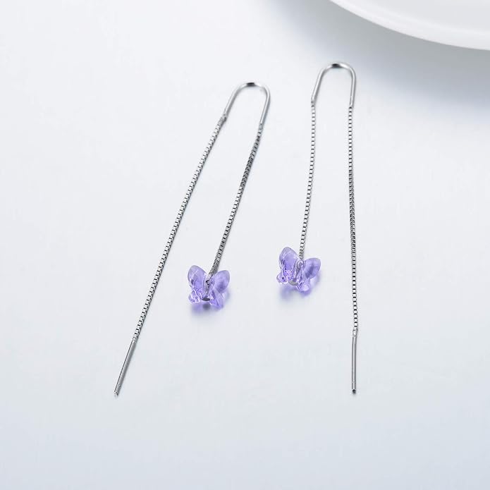 AOBOCO Heart/Butterfly/Cube Threader Dangle Drop Earrings - 925 Sterling Silver Long Chain Earring for Women Baroque Hook Drop Earrings Crystals from Austria